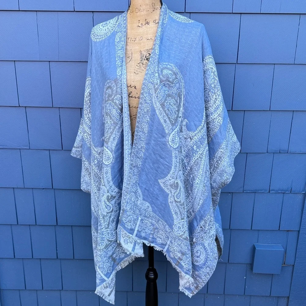 Chico's Light Blue Paisley Cape draw wrap gorgeous soft